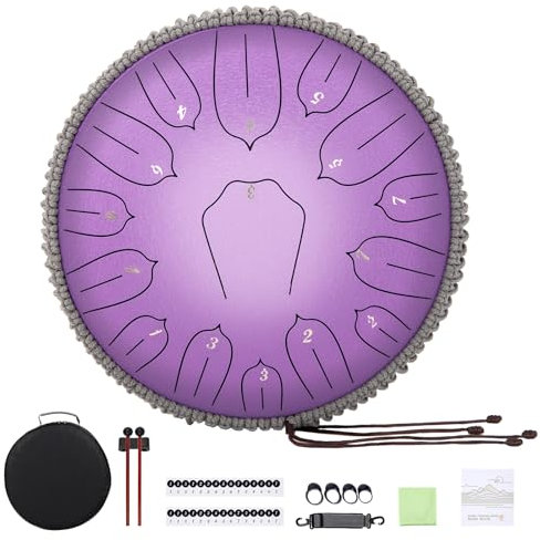 Musfunny Zungentrommel Handpan Steel Tongue Drum: 12 Zoll 15 Tone Stahlzungentrommel D-Dur Handpan Instrument mit Musikbuch Tragetasche für Geburtstagsgeschenk Meditation Yoga (Lila)