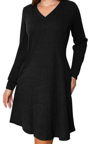 Ritiriko Damen Pullover Kleider Gegen Nacken Langarm Fließend Winterkleid 2025 Casual Herbst Wintertunika Mit Taschen Schwarz M