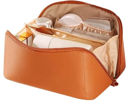 Tragbare Kosmetiktasche Damen, Make Up Tasche Organizer mit Reißverschluss Reise Makeup Bag Schminktasche Groß Kapazität Cosmetic Organizer Kulturtasche für Mädchen und Mütter (Brown)