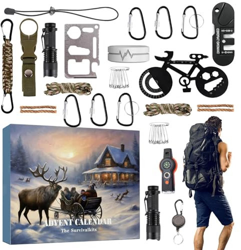 Survival Kit Advent Calendar For Men, Hunting Advent Calendar 2024 For Adult Teen Boys, 24 Days Christmas Countdown, Survival Tools Set Giftss