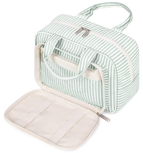 Kulturtasche Damen Gross & Kosmetiktasche Groß, Waschtasche Damen Make up Tasche für Herren & Volle Größe Kulturbeutel für Kinder (Hellgrüne Streifen)