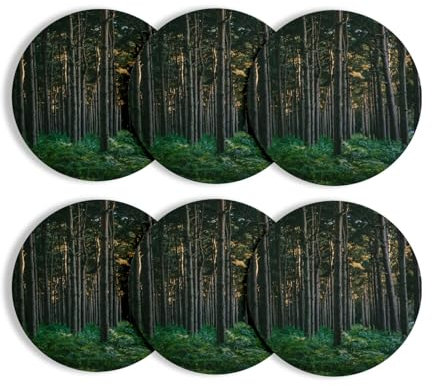Untersetzer aus rundem Korkboden – Kiefernwald mit Farn bedeckt, natürliche Landschaft – 6 Stück (95 x 95 mm)