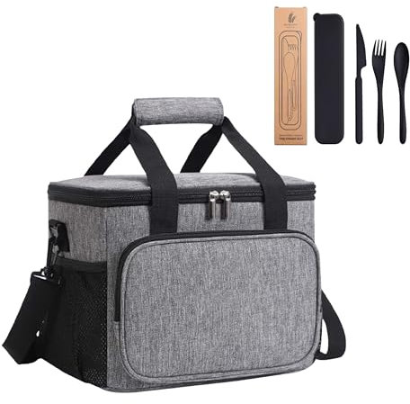 XJNOVA Bolsa Termica Porta Alimentos 10L, con Set de Cubiertos y Dos Asas de Mano (Gris Oxford)