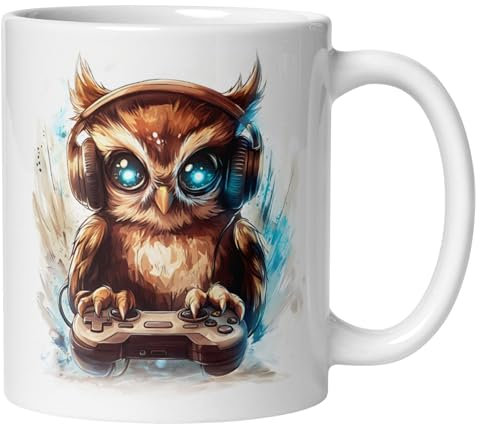 Tasse Eule | Gamer Eule mit Controller und Energy | Lustige Eulen Tasse mit Motiv | Eulen Geschenk für Eulenliebhaber | Becher für Gaming Fans