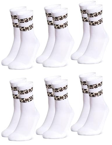 Occulto Damen Leoparden Muster Tennis Socken 6er Pack (Modell: Nala) Weiß 39-42