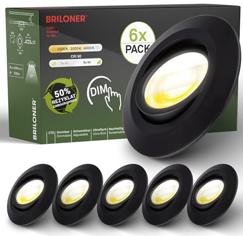 BRILONER - 6er Set LED Einbaustrahler 230V Gehäuse 50% recycelt, Dimmbar, Schwenkbar, Ra90, Farbtemperaturwechsel, LED Spot, flach, Deckenspots, Einbauleuchten, 68mm, 90x24mm (DxH), Schwarz