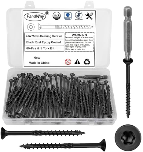 FandWay 4.5x75mm Deck Screws 60Pcs,Torx Drive Wood Screws, Flat/Countersunk Head Screw,Rust Resistant epoxy Coated, Black, T25 Star Bit.