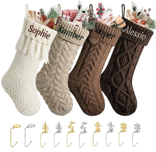 papasgix Weihnachtsstrumpf Personalisiert mit Name Nikolausstrumpf 46cm große gestrickte Weihnachtssocken Icon Christmas Stockings Haken Weihnachtsdeko (Braun, 1PC)