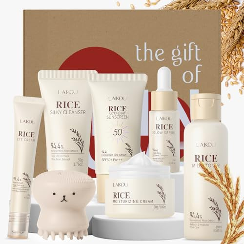 LAIKOU Reis Gesichtspflege, 7 Stück Hautpflege Frauen Gesicht Set | Reisegröße Skincare mit Gesichtsreiniger Rice Toner Augencreme Serum Creme Sonnenschutz, für Tägliche Feuchtigkeit & Pflege
