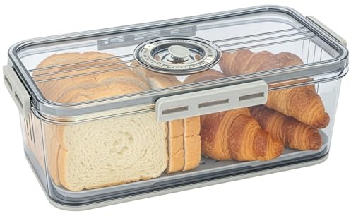 M.J COMFY-LIFE Airtight Bread Box with Time Recording Dial, Large Plastic Bread Storage Container for Kitchen Countertop - Keep Homemade Bread, Bagels, Toast, Fruits & Vegetables Fresh (Gray)