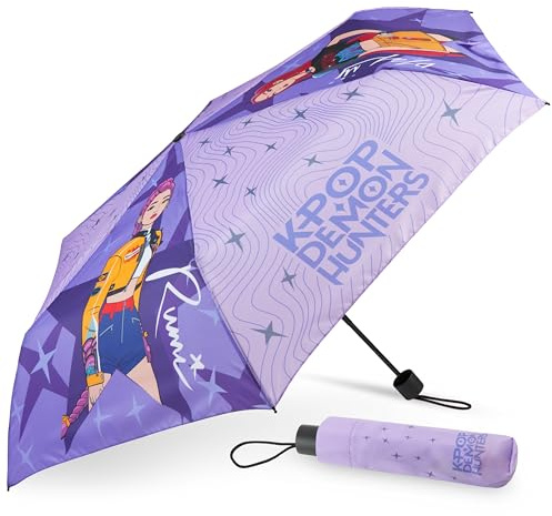 Get Trend KPop Demon Hunters Windproof Travel Umbrella, Huntrix Strong Folding Compact Umbrellas for Rain, Light Portable Kids Travel Essentials, Fits Backpack & Car, Gifts for Girls