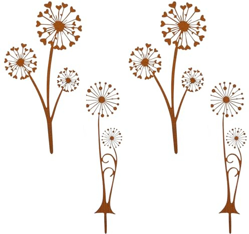 Rusokufo 4 Stück Rost Dekorative Gartenpfähle Metall, Pusteblume Metall Rostdeko Gartenstecker für Pflanzenbeet, Terrasse, Blumentopf und Outdoor Gartendekoration