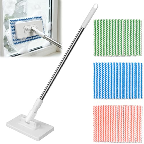 Lazy Mop Clip On with 15 Reusable Cloths, Sweeper Mop Auto Clamp, Cloth Changing Mini Mops, 360° Swivel Head, No Need To Wash, Suitable for Floor Wall Bathroom Kitchen