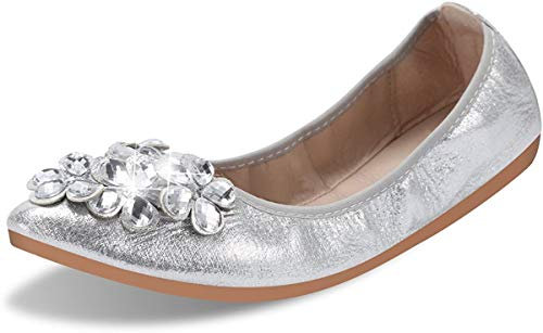 QIMAOO Womens Fold up Pumps Roll up Shoes Foldable Ballet Flats with Rhinestone, Portable Ladies Slip On Loafers Silver 6 UK