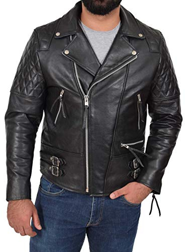 A1 FASHION GOODS Schwarz Kuhfell Biker-Lederjacke für Männer Ausgestattet Robuste Gesteppte Jacke - Ryker (L - EU 50)