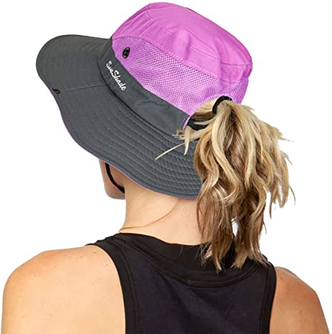 Damen Outdoor UV-Schutz Faltbare Sonnenhüte Mesh Breiter Rand Strand Fischerhut mit Pferdeschwanzloch, Violett, Einheitsgröße