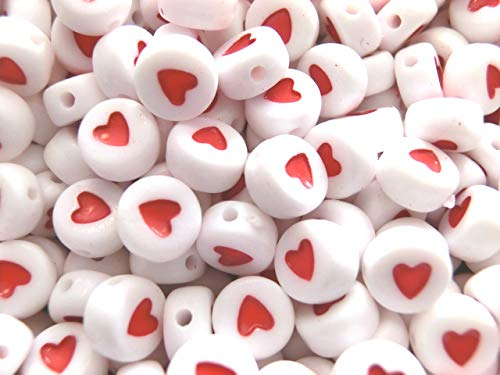 250 Herz Perlen weiß mit rotem Herz rund 7mm Acryl Spacer Bastelperlen Zwischenperlen #9