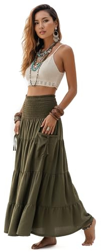 Thaluta Maxirock im Bohemian-Stil, mit Langen Taschen, aus Baumwolle, Hippie, Bohème, elastischer Bund, Rock