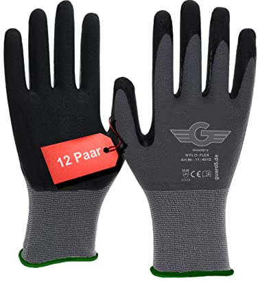 GUARD 5 - Nylonhandschuhe - 12 Paar Gr.8 - Nyloflex Arbeitshandschuhe - Damen & Herren - beschichtete Bauhandschuhe Arbeitshandschuhe Schutzhandschuhe Montagehandschuhe | EN 388