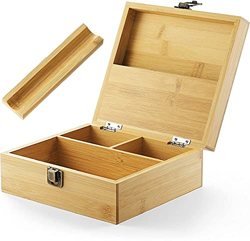 Bamboo Stash Box for Weed - Large Storage with Rolling Tray - Premium Handmade Wooden Box with Hinged Lid - 7.5 x 7 x 3 Inches