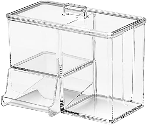 Wattestäbchen Make-up Organizer, Wattebällchen Halter Box mit Deckel 3-Grid Q-Tip Spenderbehälter, Wattestäbchen Acryl Kristallklare Aufbewahrungsbox, Runde Wattepads Kosmetik Kanister Etui