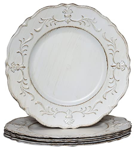 Spsyrine Weiße, antike Platzteller, 33 cm, geprägte Kunststoff-Tischteller, Ladegeräte für Abendessen, Set mit 6 eleganten Dekorationen für Hochzeit, Abendessen, Partyveranstaltungen.