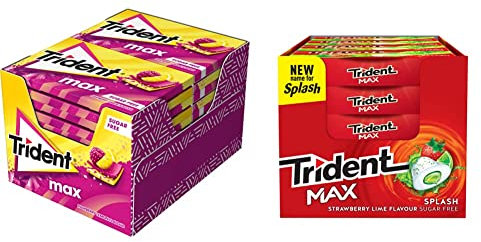 Trident Max Raspberry Lemon- Chicles sin Azúcar con Sabor a Frambuesa y Limón- Paquete de 12 Envases de 23 g & Max Splash Fresa y Lima - Chicles sin Azúcar con Sabor a Fresa y Lima