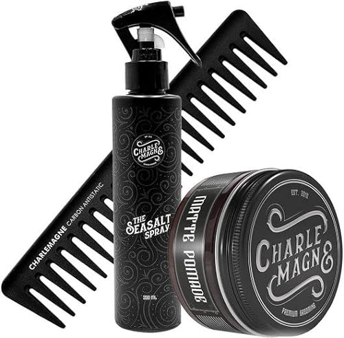 Charlemagne Haarstyling Bundle - Bestehend aus Matte Pomade Herren Haarwax, Sea Salt Spray & Carbon Styling Kamm - Haarstyling Männer Styling Wax & Haarspray Männer Geschenkset - Meersalz Spray