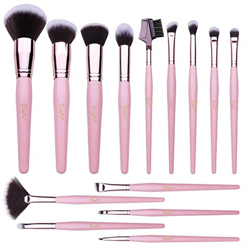 Lot de 14 pinceaux de maquillage synthétiques de qualité supérieure pour fond de teint, poudre, blush, fard à paupières, anti-cernes, pinceaux de maquillage professionnels, rose