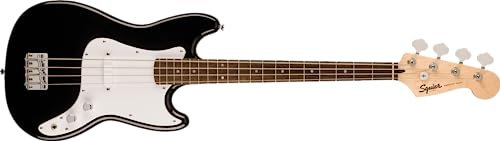 Squier by Fender Sonic Bronco Bass, Laurel-Griffbrett, Weißes Schlagbrett, Schwarz, Inklusive kostenloser virtueller Kurse auf Fender Play