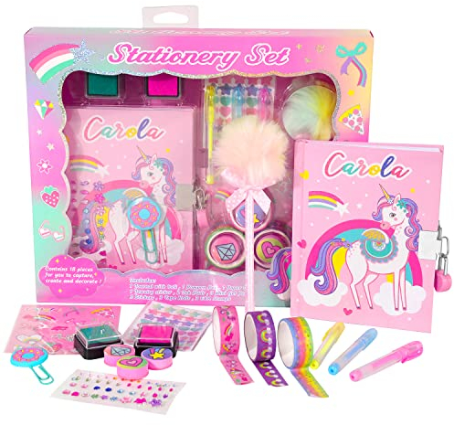 Pinkgarden Unicorn Diary for Girls with Lock & Keys - Unicorn Stationery Set with Journal, Pompon Pen, Stamps, Stickers, Ideal Birthday Gift for Girls Aged 4-12 Year Old