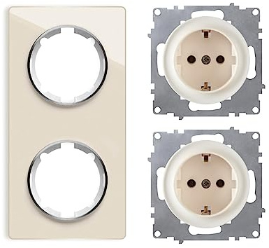 OneKeyElectro Set: 2х Schuko-Steckdose mit Glas-Abdeckrahmen 2fach, senkrecht, 230V/16A, Schutzart IP20, gute Wärmebeständigkeit, beige