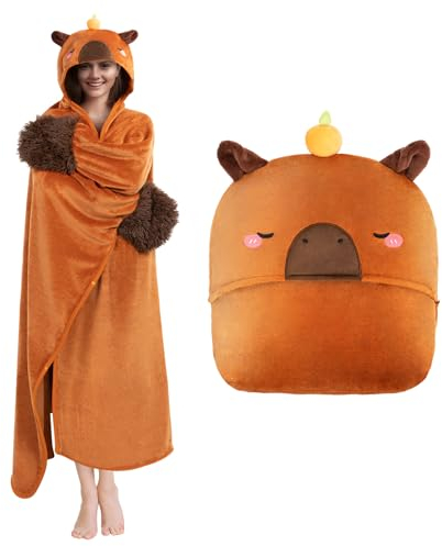 Mewaii Tragbare Decke mit Kapuze und Ärmeln im Capybara Design Kuscheldecke mit Handschuhen Weiche Flanell Sherpa Decke für Damen und Herren Ideal für Zuhause Reisen und Tierliebhaber