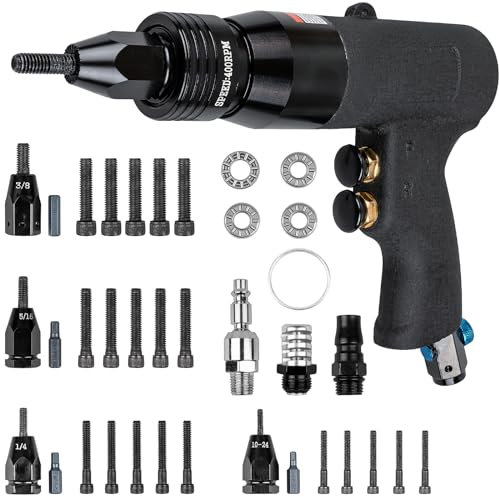 Clatoon Pneumatic Rivet Nut Gun with 10-24 & 1/4 & 5/16 & 3/8 Self-Locking Head, Adjustable Speed Air Rivet Gun, Air Rivet Nut Tool Kit with 4 Size Quick-Change, 6pcs Mandrels Included with Each Size
