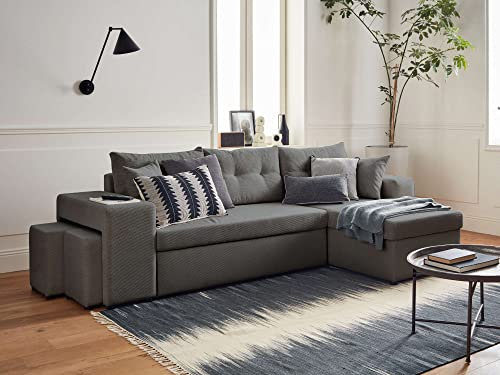 Bestmobilier California - beidseitig montierbar mit Schlaffunktion - mit Truhe, Tisch und Hockern - aus Cord - 4 Sitze Dunkelgrau