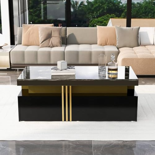 Sweiko Couchtisch,Moderner Rechteckiger Kaffeetisch mit 2 Schubladen, Hochglanzplatte mit 2 Holzschubladen und Sideboard Couchtisch (Schwarz)