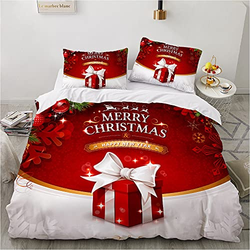 YASMENG Weihnachts Bettwäsche 200x200 Christmas Rot Weiß 3D Bettbezug Set Weich Mikrofaser Bettwäsche 3 Teilig für Jugendzimmer Deko Geschenk Mädchen mit Reißverschluss und 2 Kissenbezüge 80x80 cm