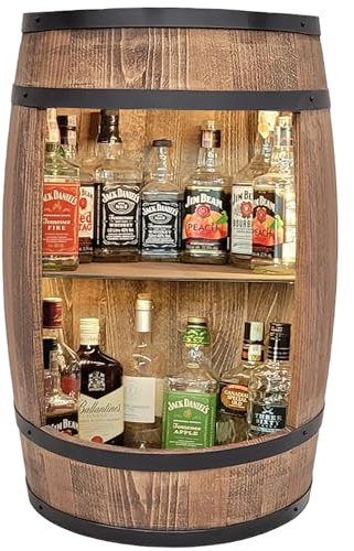 WEECO Bar Schränk LED Beleuchtung, Weinregal Weinschrank 80x50cm. Fass Vintage deko Wohnzimmer. Minibar Gin Whisky Bier. Weinfass Stehtisch. Holzfass für Gläser und Flaschen. Wine Rack geschenkset.