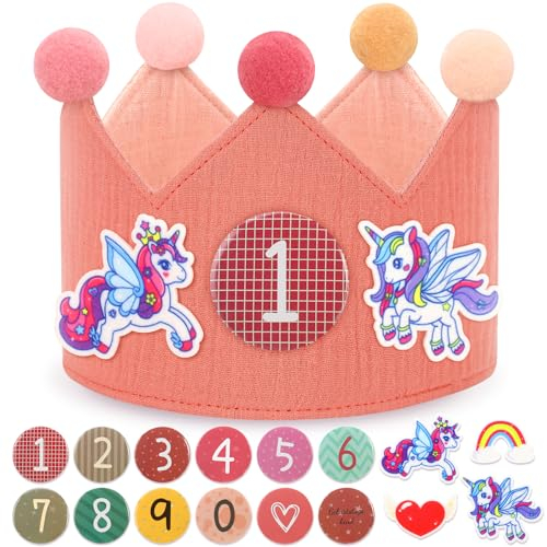 POOTACK Geburtstagskrone Mädchen, Musselin Geburtstag Krone Rosa, 12 Klett Button mit Zahlen, Geburtstagskrone Mädchen mit Einhorn-Filzdekoration - Krone Geburtstag für Mädchen