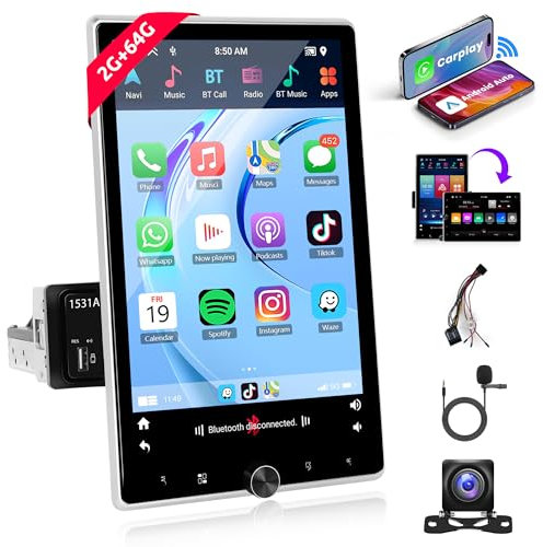 2G+64G Sans fil Carplay Android Autoradio 1 Din avec Android Auto GPS Navi WiFi ISO Câble 10.4 Pouces Rotation Manuelle Écran Autoradio avec Mirror Link Bluetooth FM/RDS/EQ/DAB/OBD/DVR Caméra de Recul