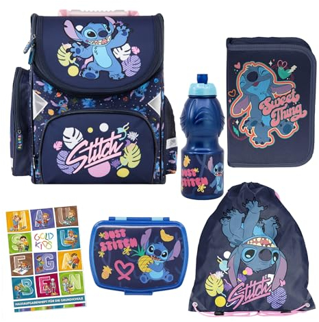 Goldkids - Lot de 6 cartables pour garçons et filles - Sac à dos scolaire pour enfants avec trousse - Sac à chaussures - Boîte à déjeuner - Gourde et cahier de devoirs - Motif Lilo et Stitch - 1-3