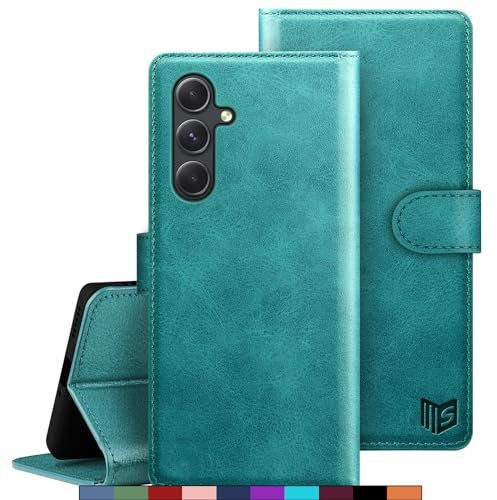 SUANPOT Coque pour Samsung Galaxy A35 [RFID Blocage] [Magnétique Protection] Fentes pour Cartes Etui Portefeuille Premium en Cuir PU Bleu Vert