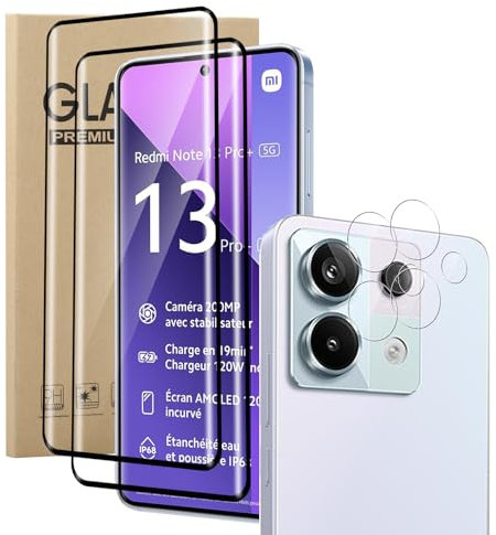 KZIOACSH Screen Protector for Redmi Note 13 Pro+/Note 13 Pro Plus, [2+2 Pack] 9H Hardness 3D Curved Round Edge Tempered Glass [High Sensitivity] Anti-Scratch Protective Film with Camera Lens Cover