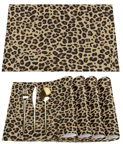 Leopard Placemats Fabric Table Mats Set of 6 Retro Leopard Print Placemat for Kitchen Dining Table Home Washable Non-Slip Heat Place Mat