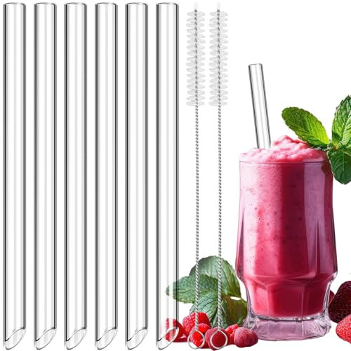 NiHome 6-Pack 9 Length Clear Glass Reusable Straws for Juices, Slushies, Eco-Friendly 14mm Extra-Wide Transparent Drinking Straws for Boba, Bubble Tea, Smoothies, Easy to Clean with Included Brushes