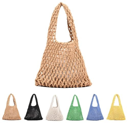 Lebartm Borsa tote all'uncinetto per le donne borse a tracolla all'uncinetto secchio Top-handle coulisse leggera maglia borsa da spiaggia per viaggi vacanze, Khaki02