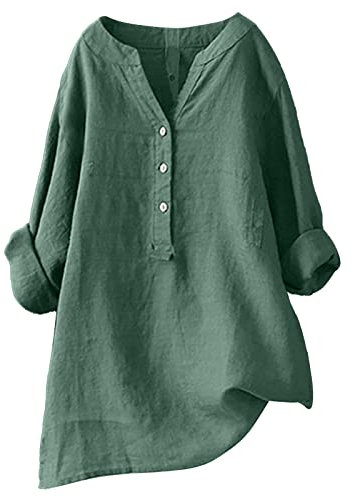 Damen Longbluse,Leinen Tunika,Damen Sommer Leinen Long Bluse Top Langarm Bluse mit Knöpfen Hals T-Shirt Große Größen Casual Tunika Elegant Casual Vintage Style Oversized Shirt Bluse,Grün,M
