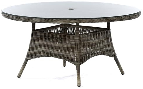 BrackenStyle Regent Rattan 150cm Round Table | 1.5m Diameter Tempered Glass Top, 40mm Parasol Hole, Durable Brown Weave, Commercial Standard, Outdoor Garden Dining Table