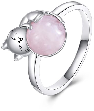 Vadmans Cat Ring Sterling Silver Rose Quartz Cat Ring Animal Jewellery Cats Lovers Gift for Women 7#