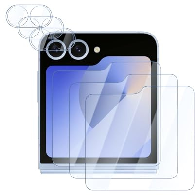 YUXINDZ 3 Piezas Protector Pantalla para Samsung Galaxy Z Flip 6 con 3 Piezas Protector Lente Camara, Vidrio Cristal Templado Antiarañazos, Dureza 9H, HD Transparente, Sin Burbujas